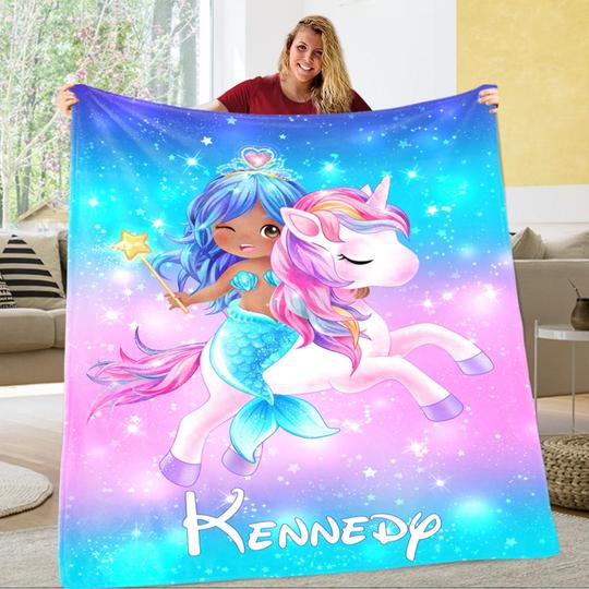 Custom Unicorn Sherpa Blanket with Name V, Personalized Baby Girl Blankets, Personalized Name Blankets