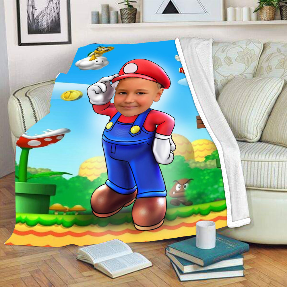 Personalized Hand-Drawing Kid's Photo Portrait Fleece Blanket Mario