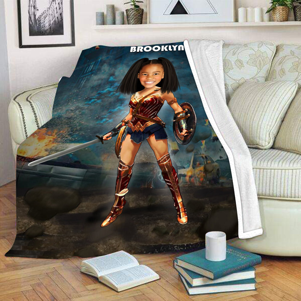 Personalized Hand-Drawing Kid's Photo Portrait Fleece Blanket Wonder Woman Portrait