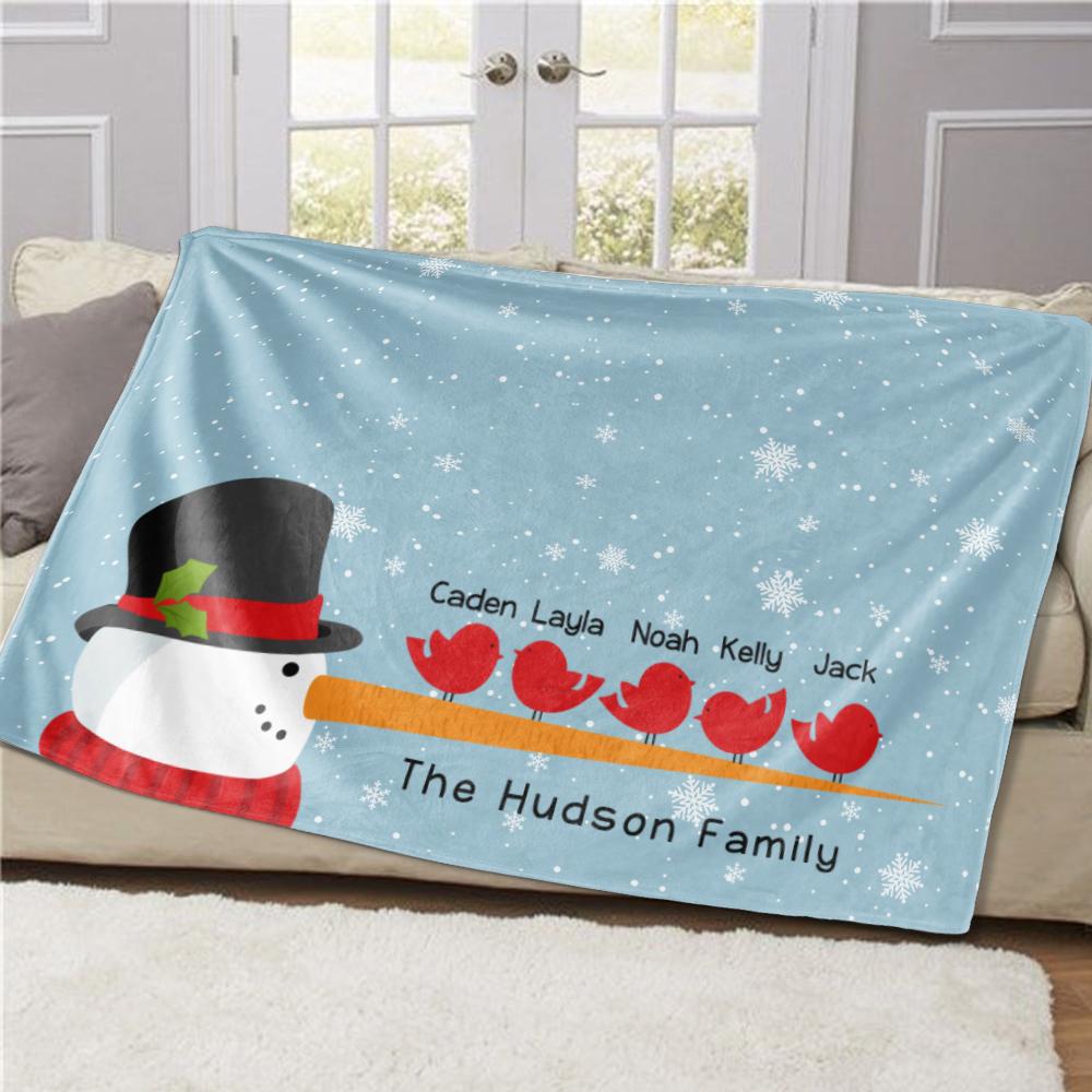 Personalized Christmas Snowman and Bird Family Member Fleece Blanket