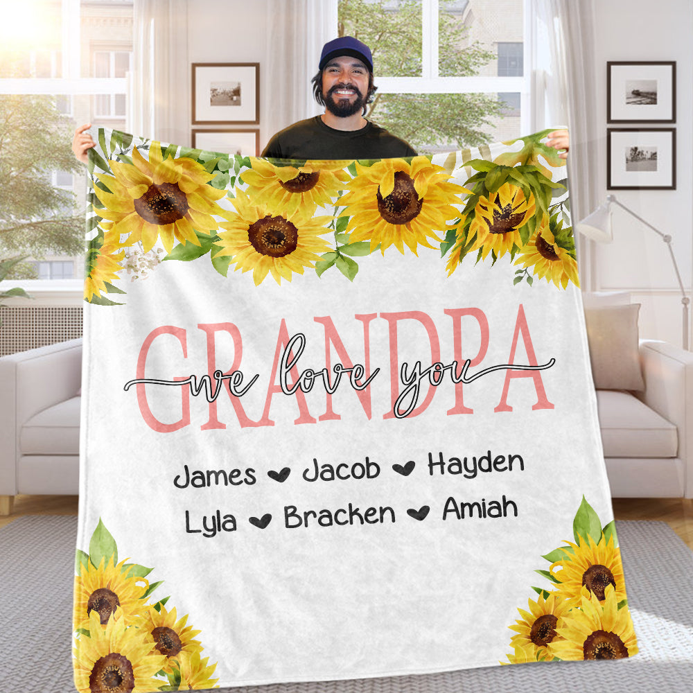 Personalized Sunflower Cozy Plush Fleece Blankets with Your Nick & Kids' Names