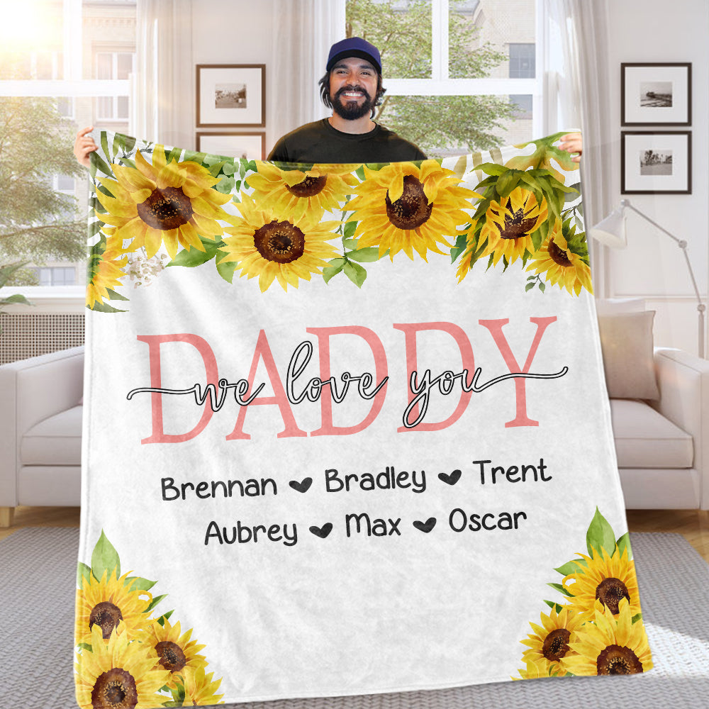 Personalized Sunflower Cozy Plush Fleece Blankets with Your Nick & Kids' Names