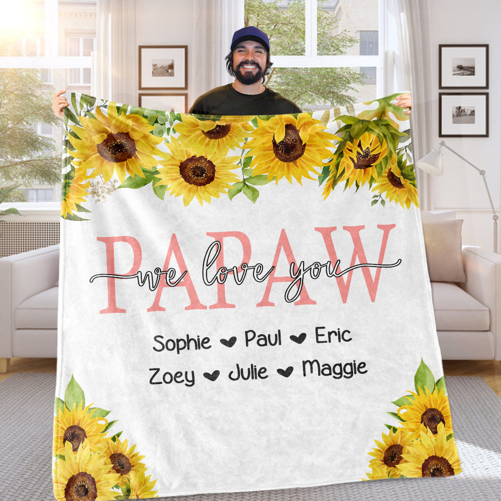 Personalized Sunflower Cozy Plush Fleece Blankets with Your Nick & Kids' Names