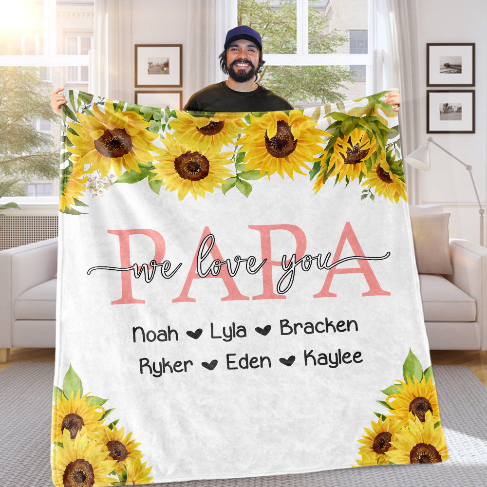 Personalized Sunflower Cozy Plush Fleece Blankets with Your Nick & Kids' Names