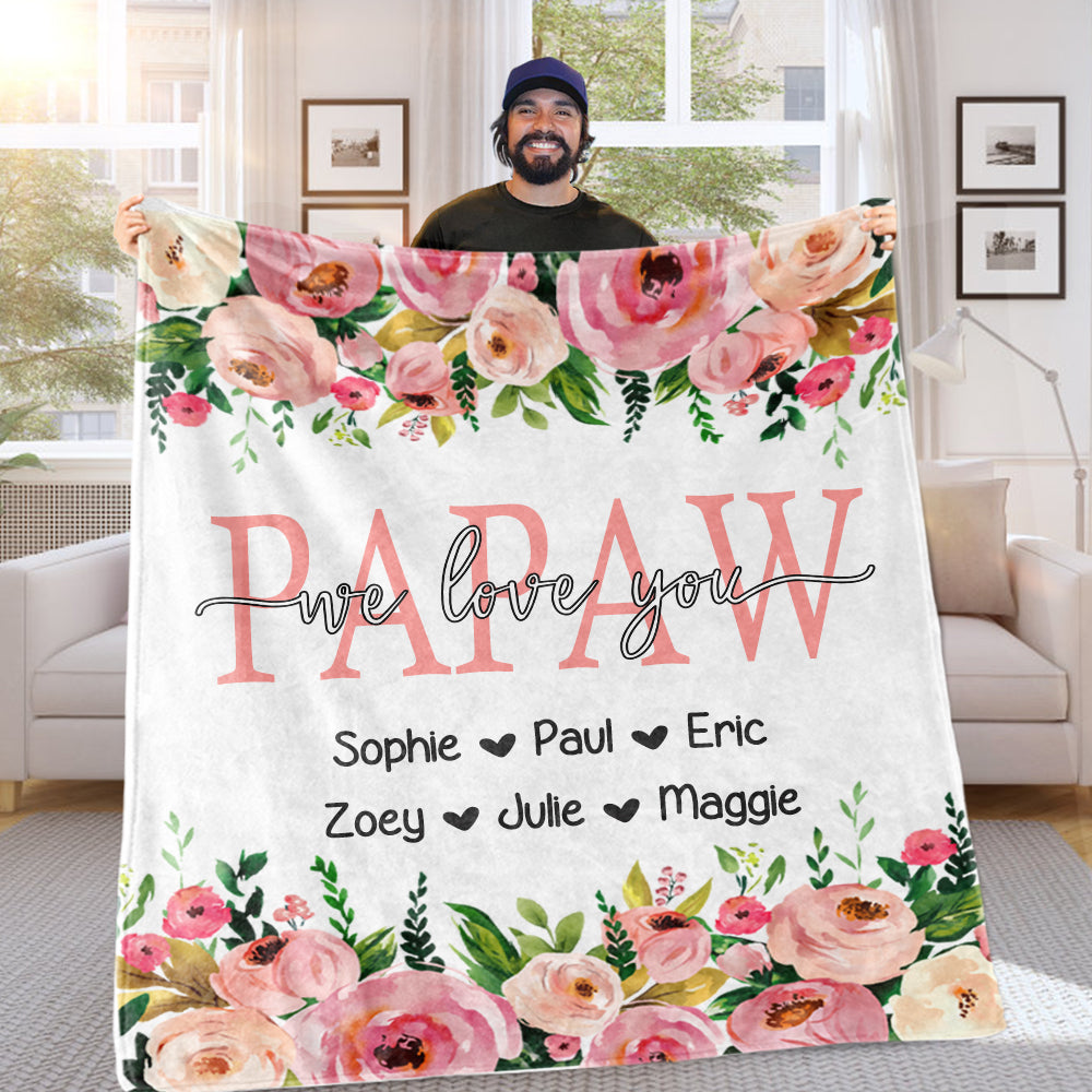 Personalized Pink Floral Cozy Plush Fleece Blankets with Your Nick & Kids' Names