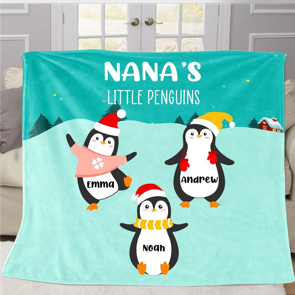 Personalized Penguins Christmas Blanket with Children's Names