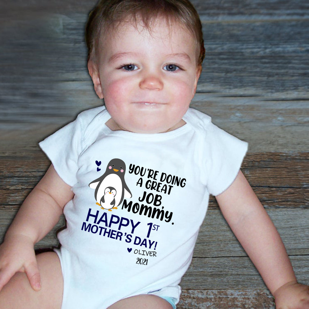 Custom Name Penguin Baby Onesie and Matching Mom Shirt - Perfect Mother's Day Gift