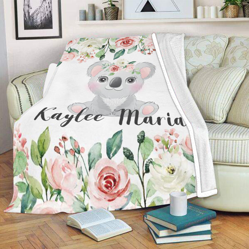 Personalized Baby Girl Name Blanket, Custom Koala Baby Name Blanket, Floral Baby Name Blanket, Baby Shower Gift, Animals Nursery。