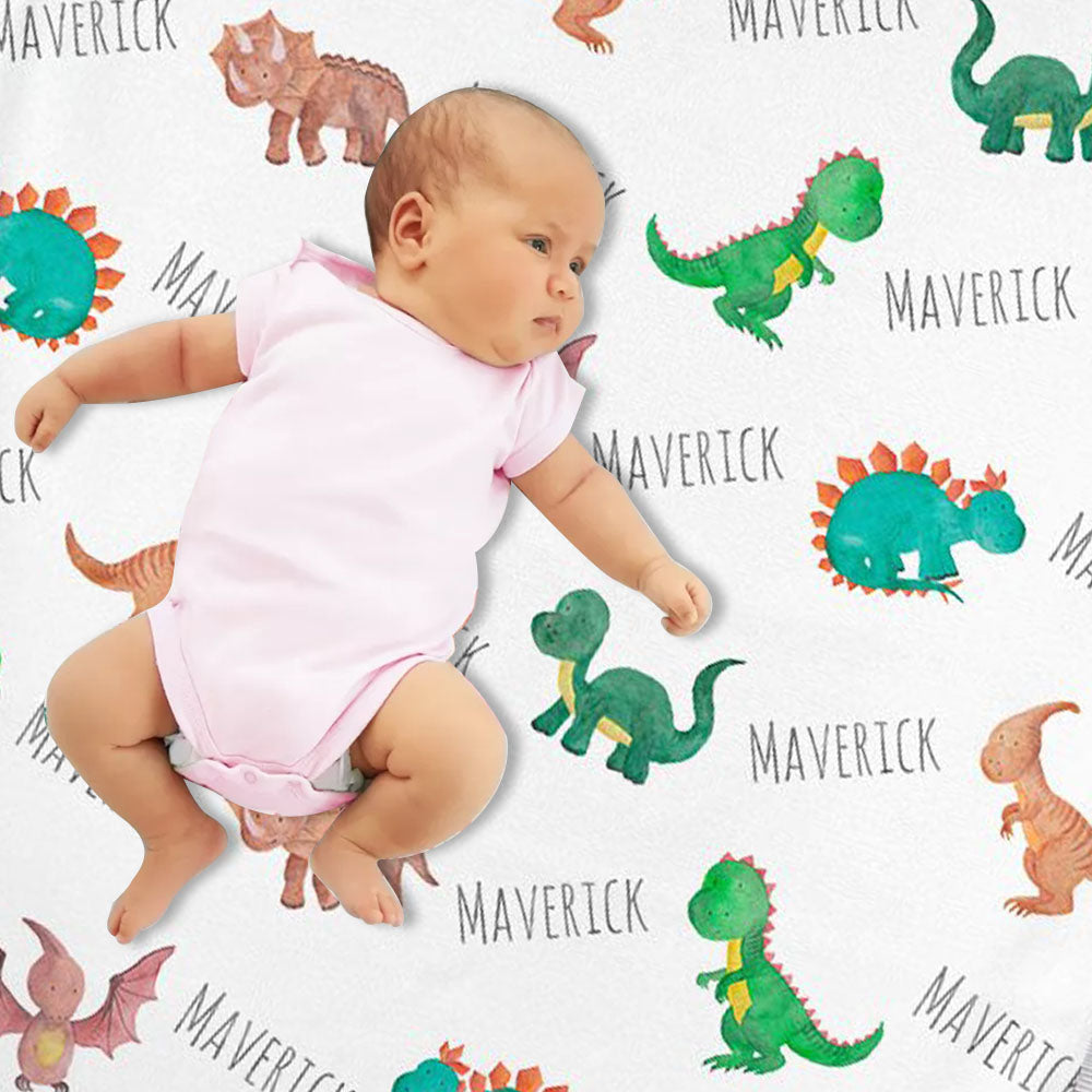 Personalized Dinosaur Watercolor Print Baby Name Blanket-BUY 2 SAVE 10%
