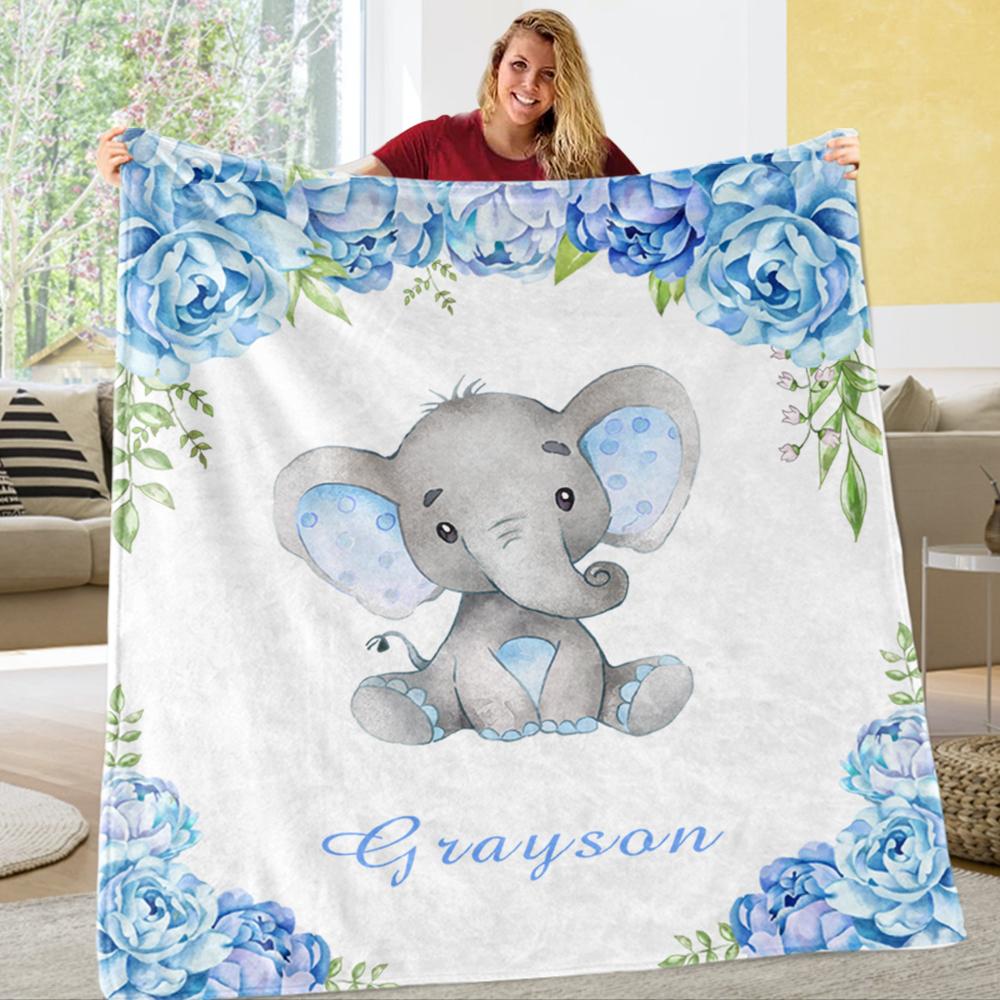 Personalized Name Baby Elephant Fleece Blankets with Blue Flowers