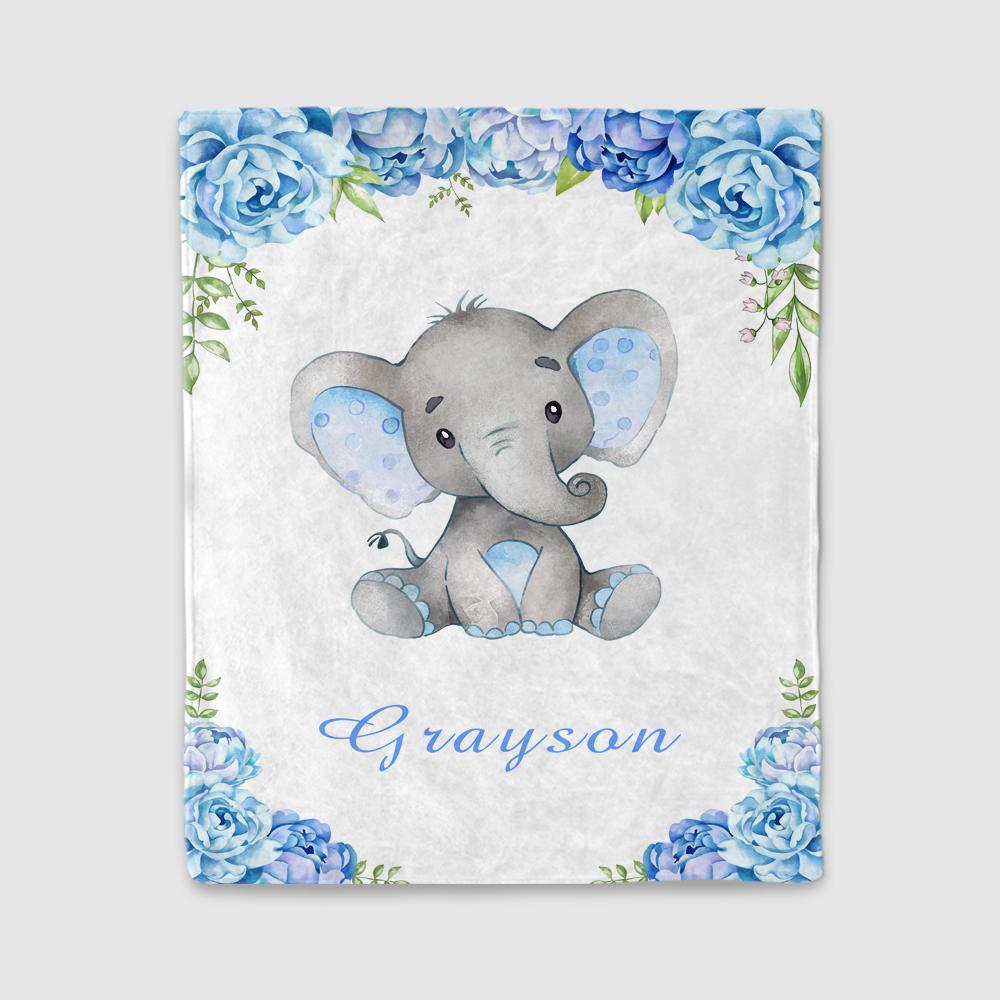 Personalized Name Baby Elephant Fleece Blankets with Blue Flowers