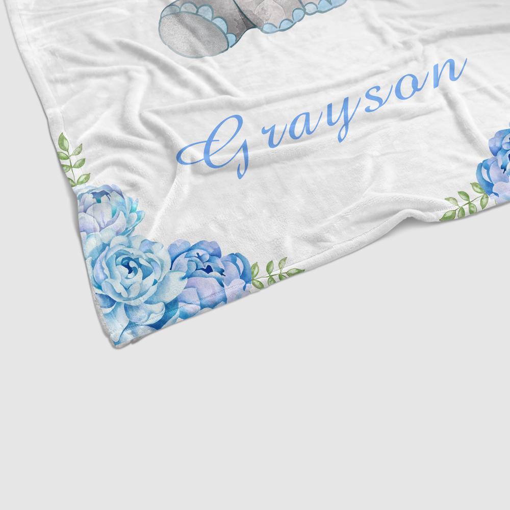 Personalized Name Baby Elephant Fleece Blankets with Blue Flowers