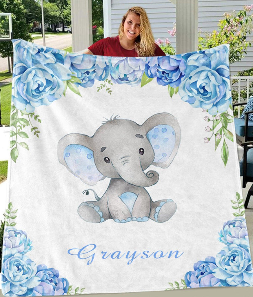 Personalized Name Baby Elephant Fleece Blankets with Blue Flowers