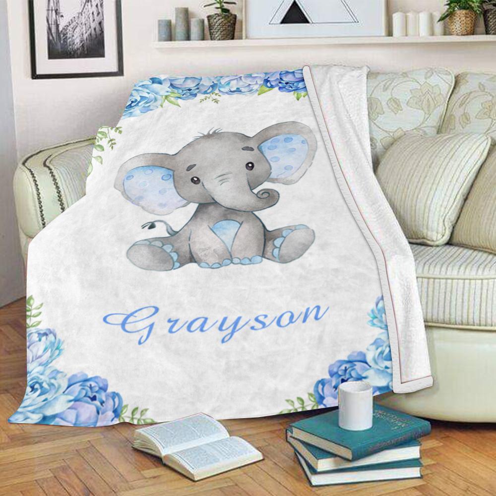 Personalized Name Baby Elephant Fleece Blankets with Blue Flowers