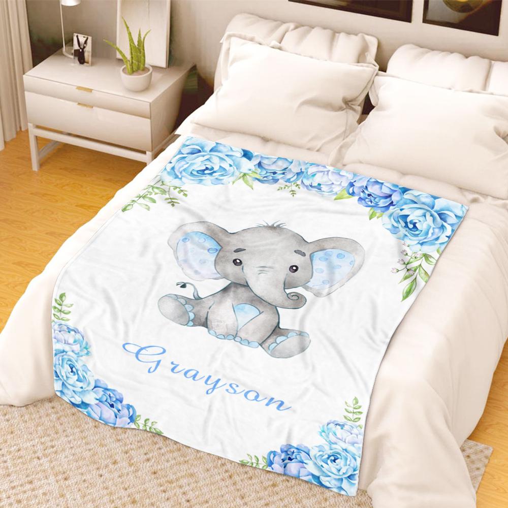 Personalized Name Baby Elephant Fleece Blankets with Blue Flowers