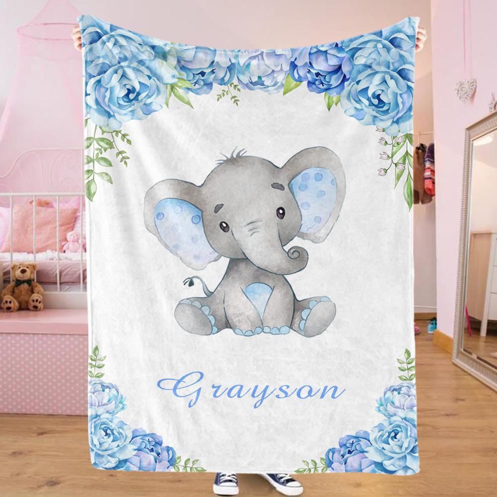 Personalized Name Baby Elephant Fleece Blankets with Blue Flowers