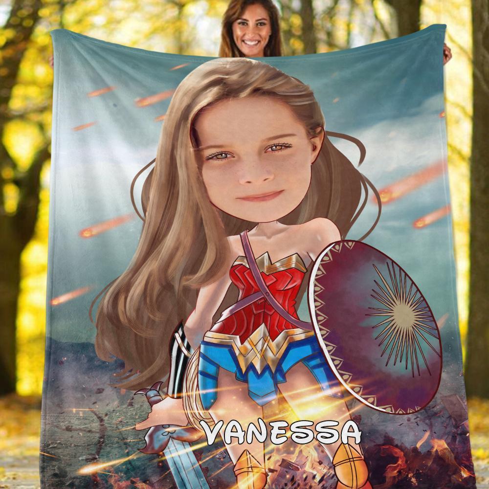 Personalized Wonder Woman Hand-Drawing Kid's Photo Portrait Fleece Blanket--Made in USA!