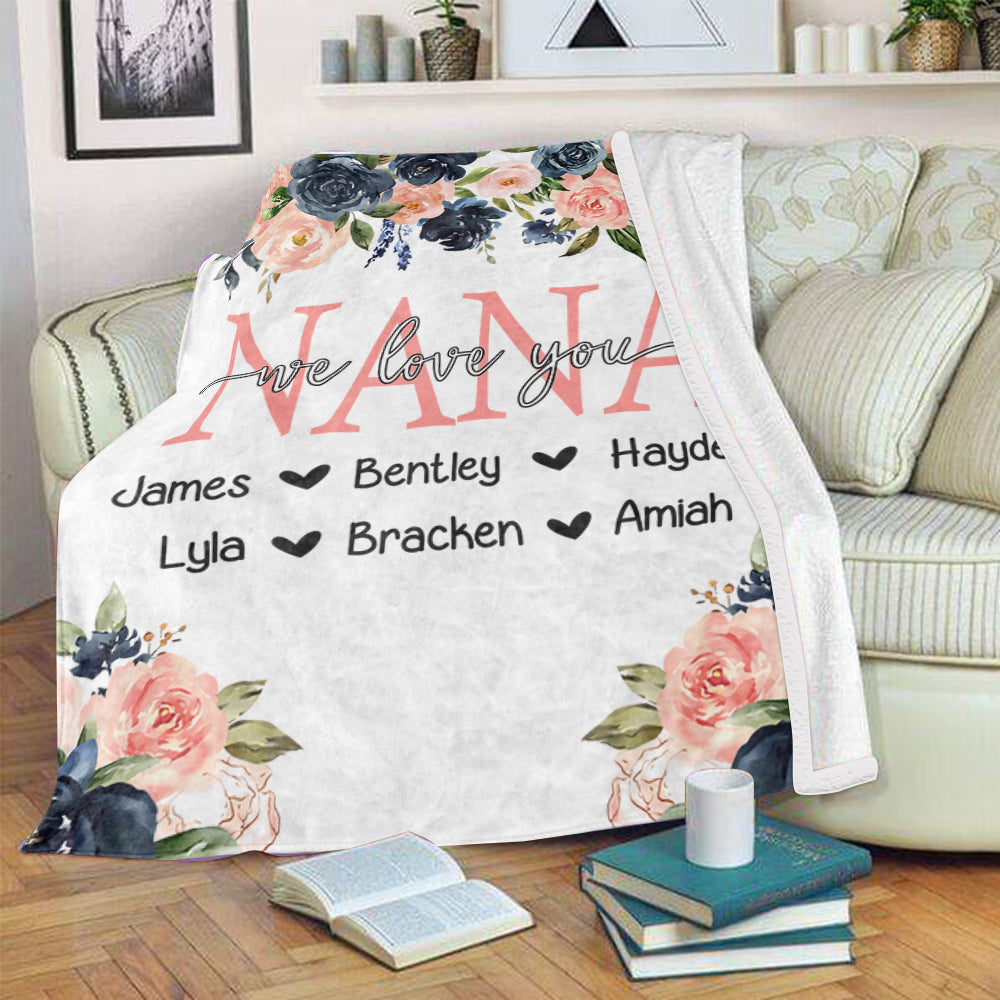 Custom Watercolor Floral Cozy Plush Fleece Blankets with Your Nick & Kids' Names