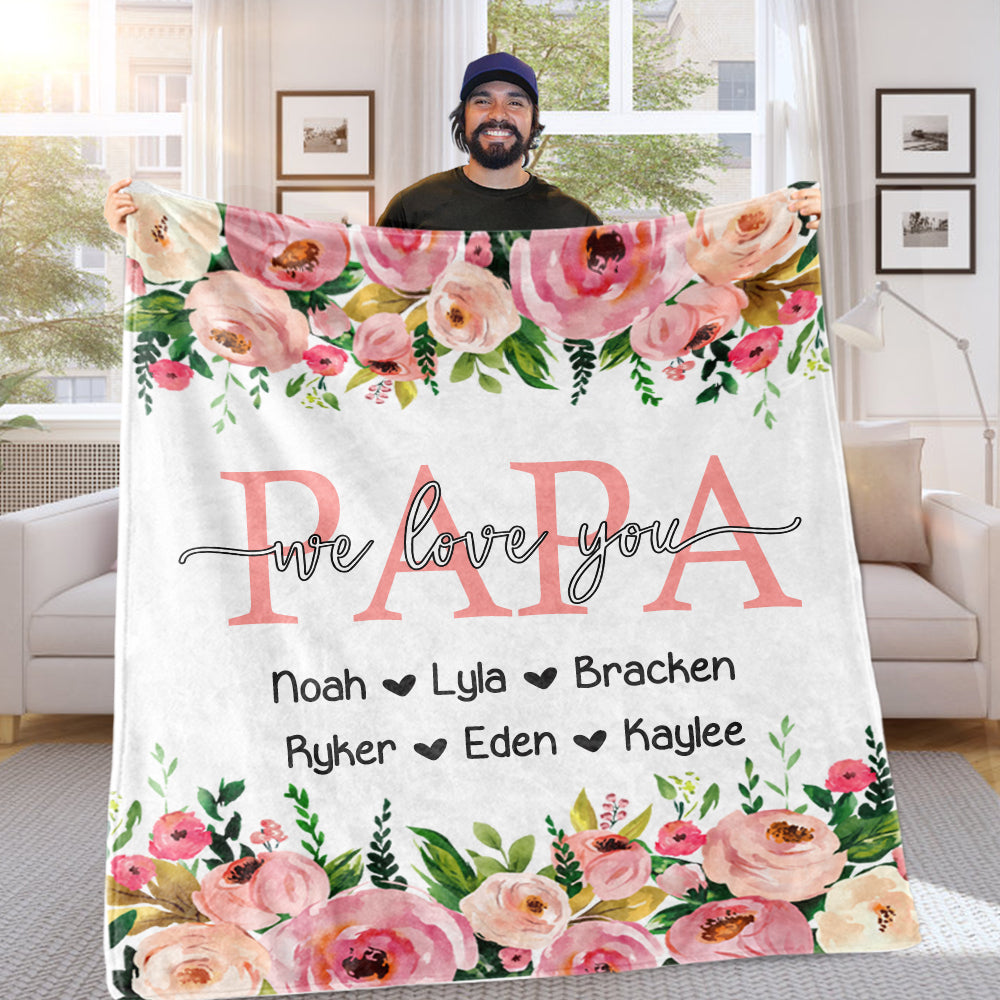 Personalized Pink Floral Cozy Plush Fleece Blankets with Your Nick & Kids' Names