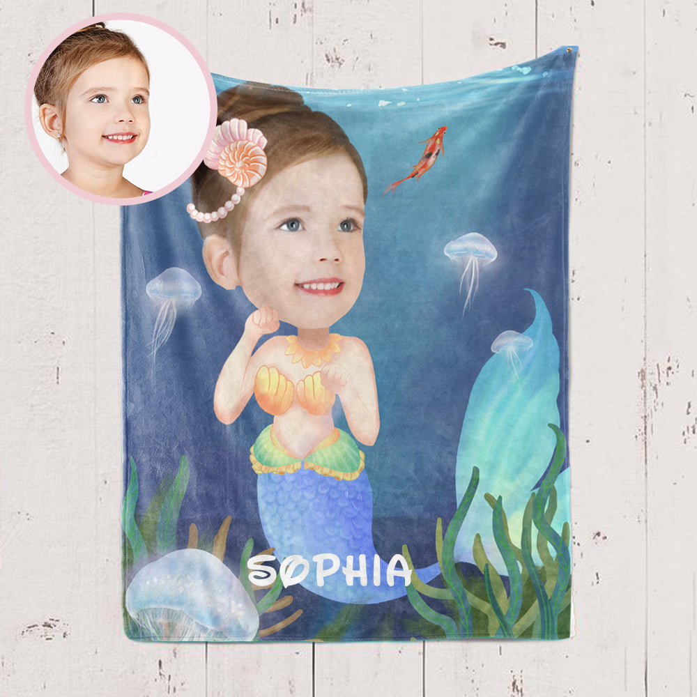 Personalized Mermaid Hand-Drawing Kid's Photo Portrait Fleece Blanket I