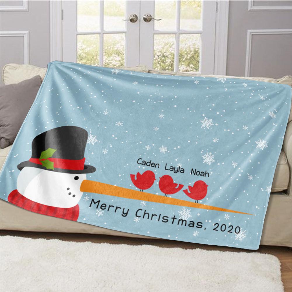 Personalized Christmas Snowman and Bird Family Member Fleece Blanket