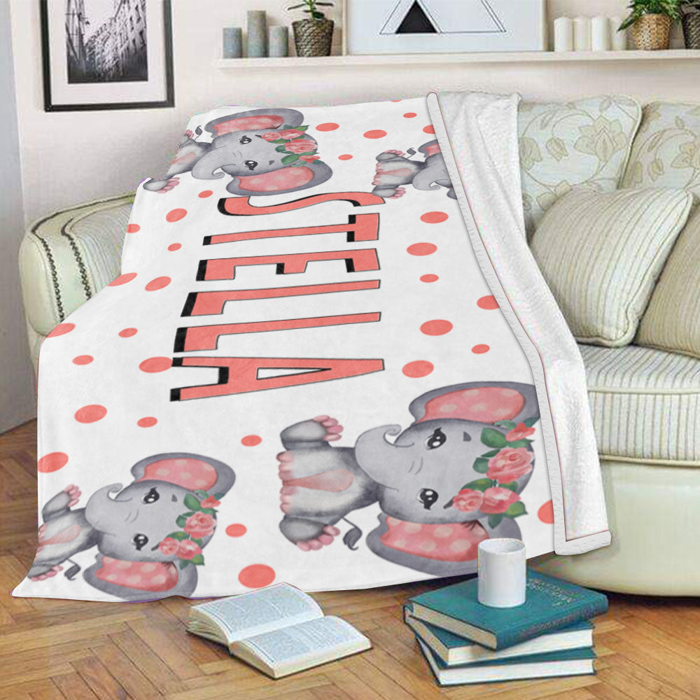 Personalized Kids Girl Elephant Fleece Blanket, Custom Kids Name Fleece Blanket