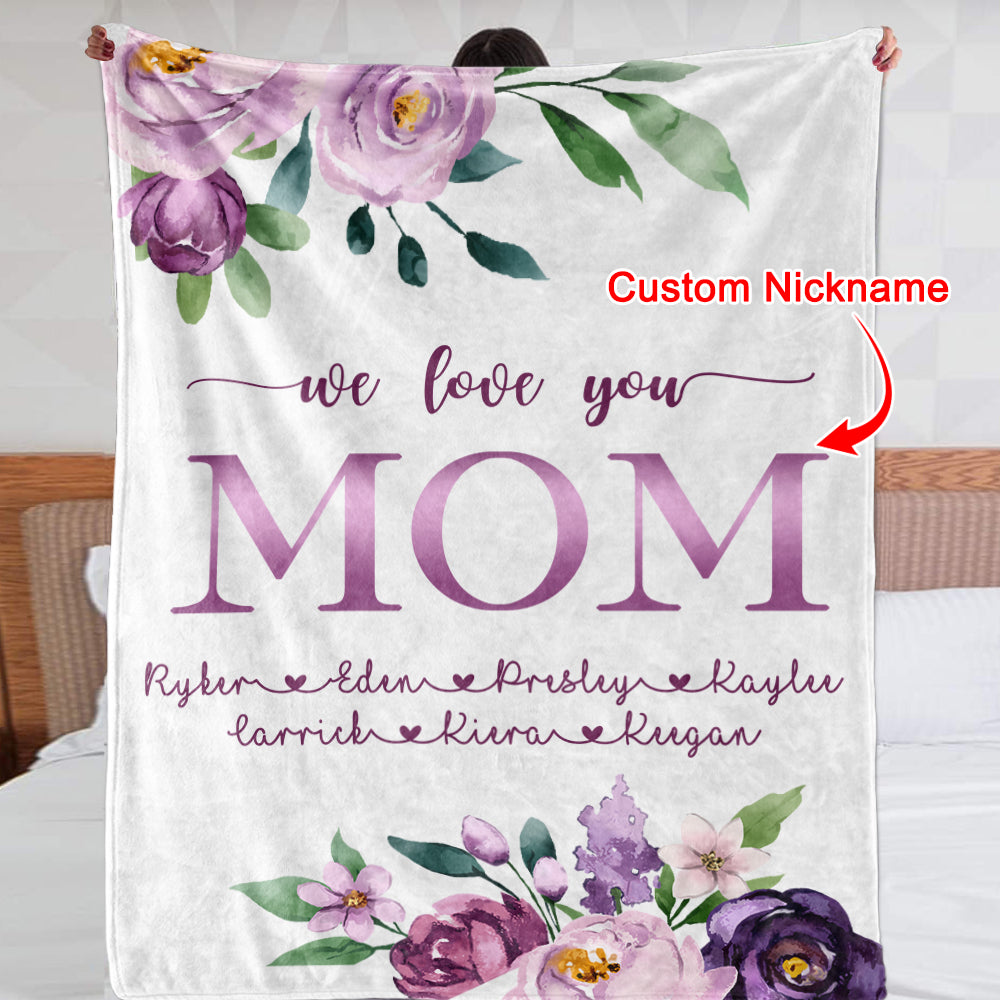 Custom Purple Floral Cozy Plush Fleece Blankets with Your Nick & Kids' Names