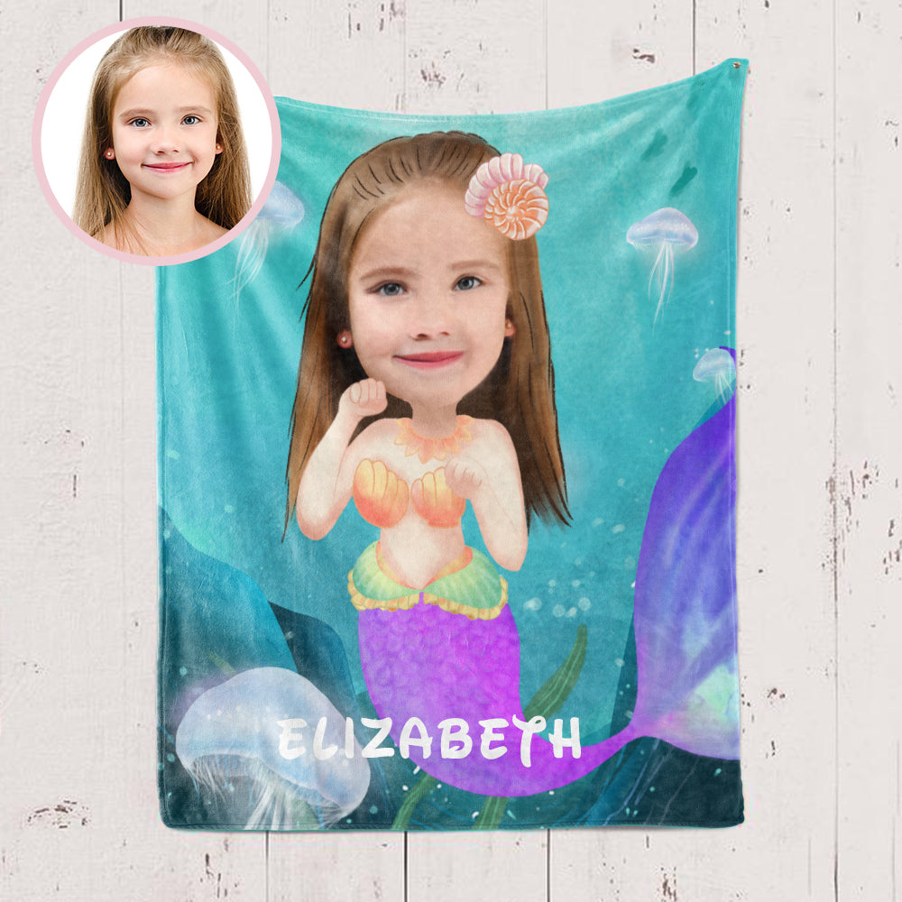 Personalized Mermaid Hand-Drawing Kid's Photo Portrait Fleece Blanket II