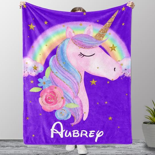 Custom Unicorn Sherpa Blanket with Name II, Personalized Baby Girl Blankets, Personalized Name Blankets