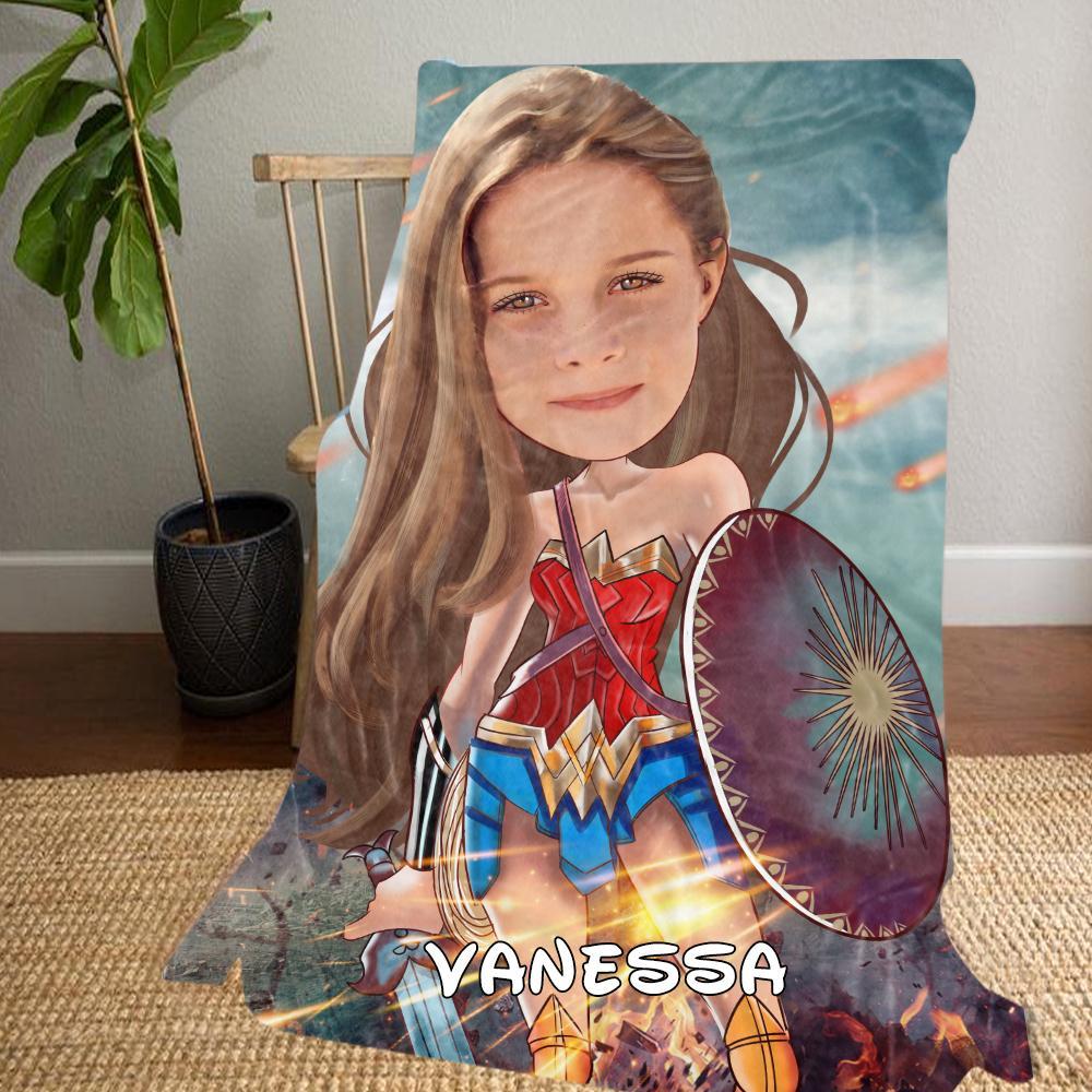 Personalized Wonder Woman Hand-Drawing Kid's Photo Portrait Fleece Blanket--Made in USA!