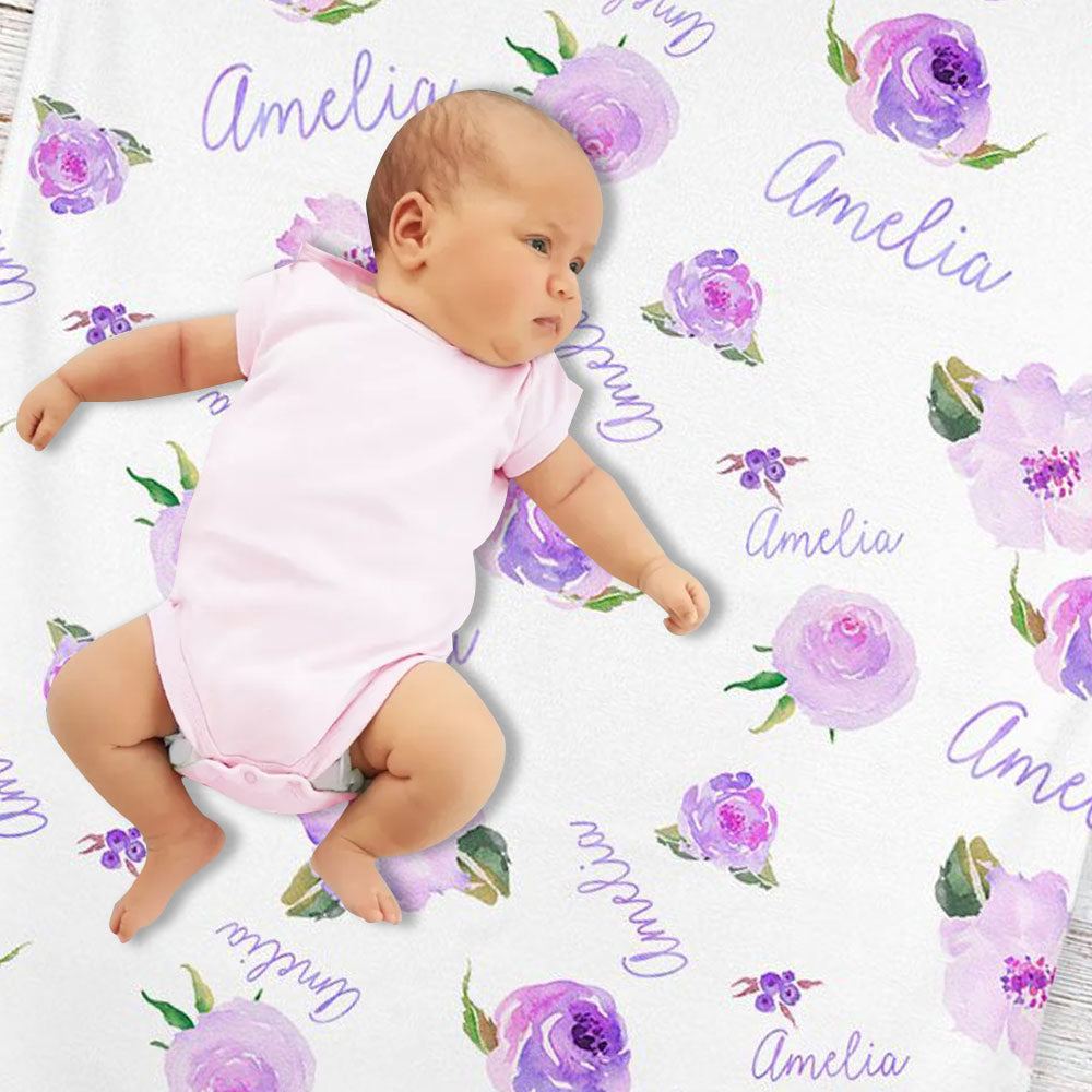 Personalized Light Purple Floral Baby Girl Name Blanket-BUY 2 SAVE 10%