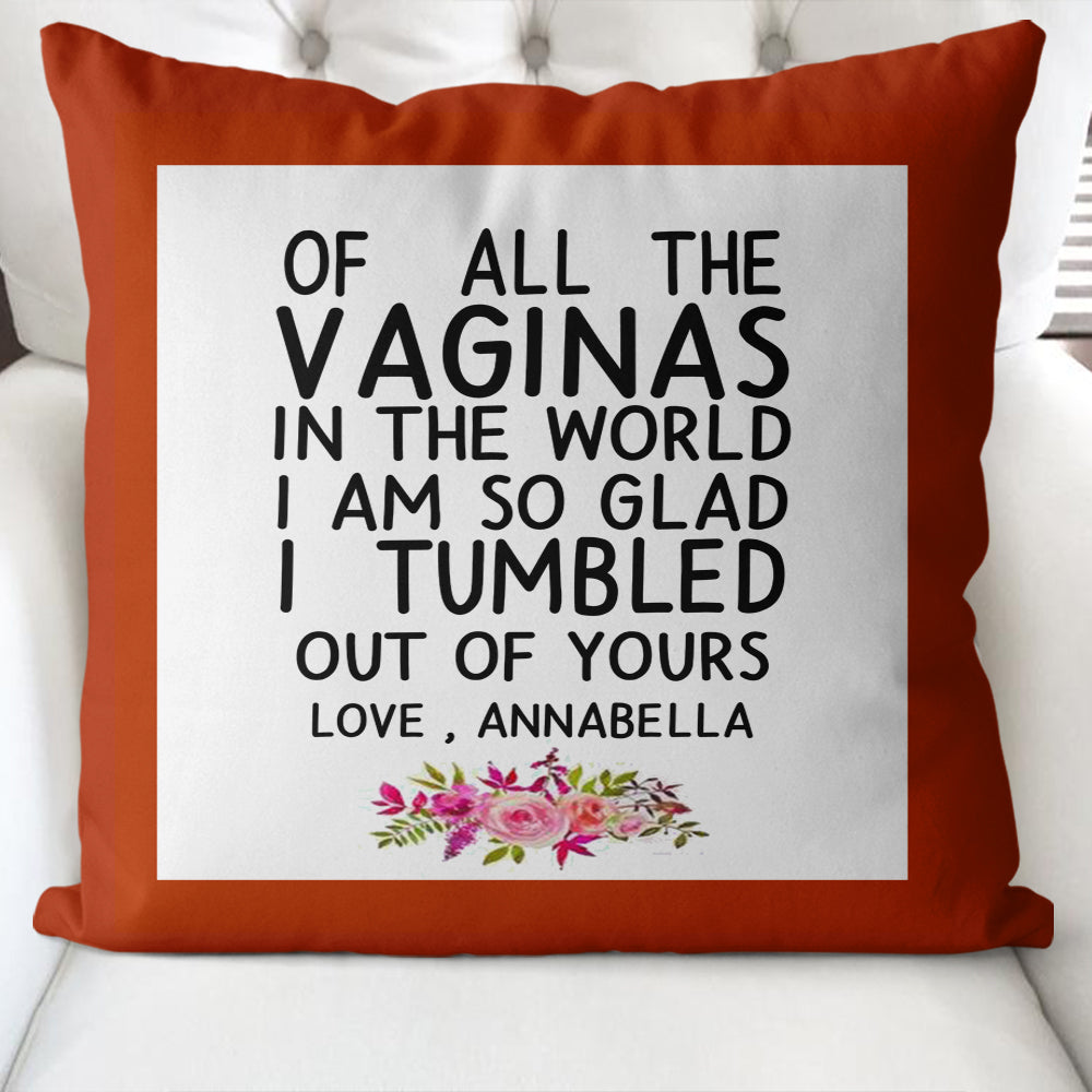 Funny Custom Name Pillow Case – Of All the Vaginas in The World I am So Glad I Tumbled Out of Yours