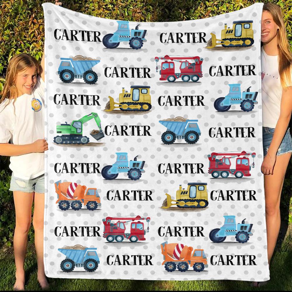 Personalized Name Trucks Fleece Blankets, Birthday Gifts, Baby Nursery Decor