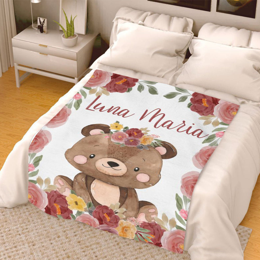 Personalized Baby Girl Name Blanket, Custom Koala Baby Name Blanket, Floral Baby Name Blanket, Baby Shower Gift, Animals Nursery。