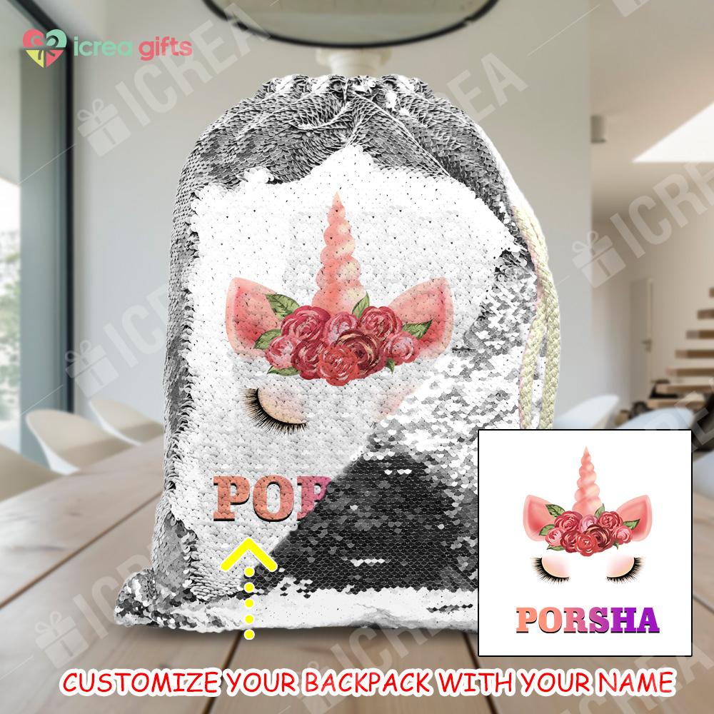 Personalized Floral Unicorn Drawstring Sequin Backpack
