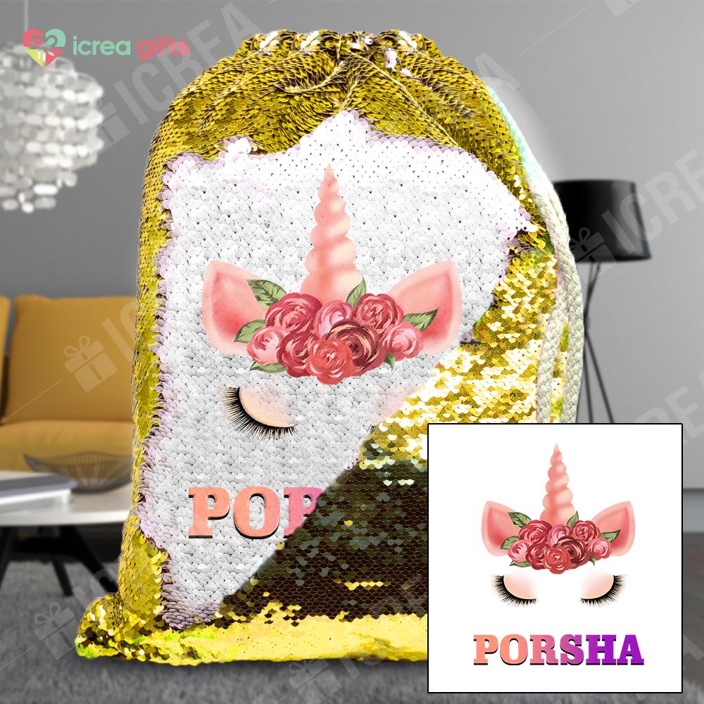 Personalized Floral Unicorn Drawstring Sequin Backpack