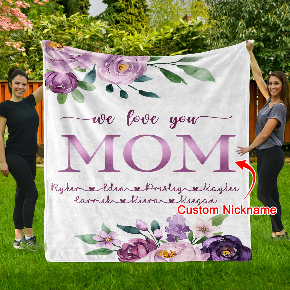 Custom Purple Floral Cozy Plush Fleece Blankets with Your Nick & Kids' Names