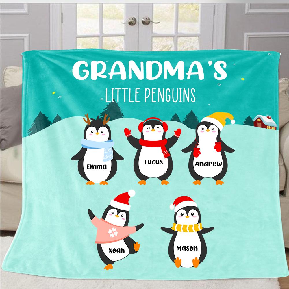 Personalized Penguins Christmas Blanket with Children's Names