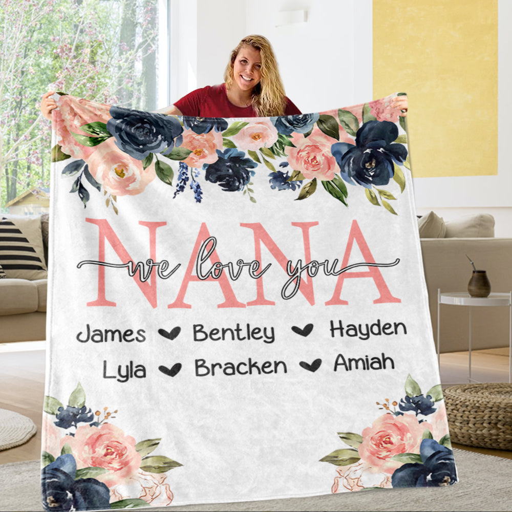 Custom Watercolor Floral Cozy Plush Fleece Blankets with Your Nick & Kids' Names