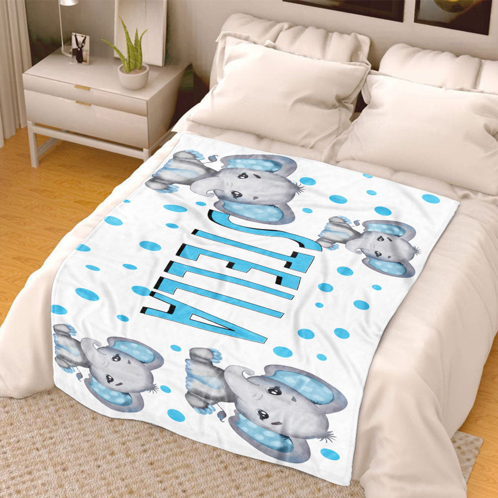 Personalized Kids Boy Elephant Fleece Blanket, Custom Kids Name Fleece Blanket