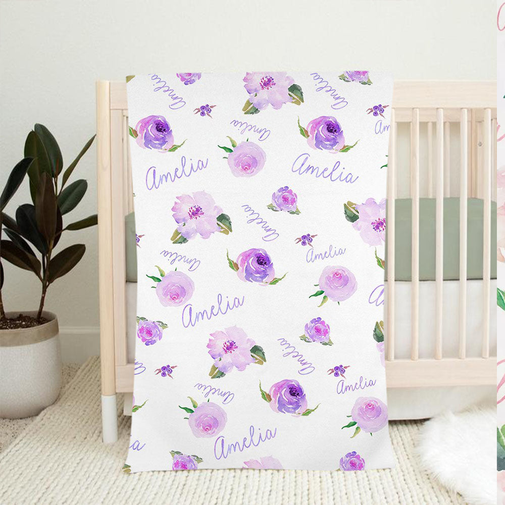 Personalized Light Purple Floral Baby Girl Name Blanket-BUY 2 SAVE 10%