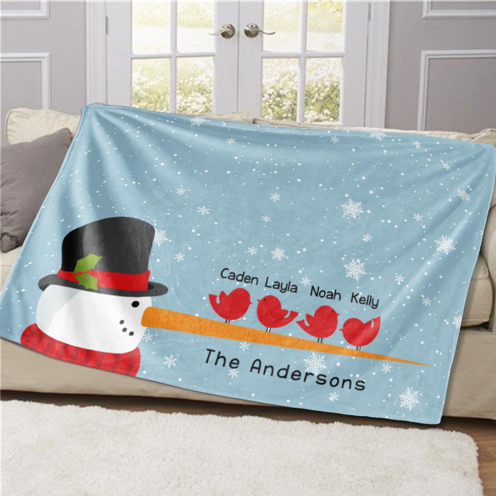 Personalized Christmas Snowman and Bird Family Member Fleece Blanket