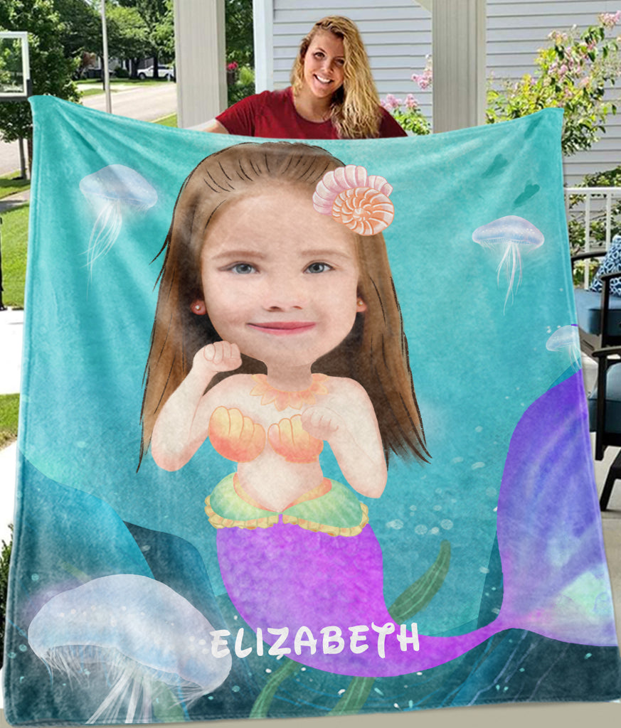 Personalized Mermaid Hand-Drawing Kid's Photo Portrait Fleece Blanket II