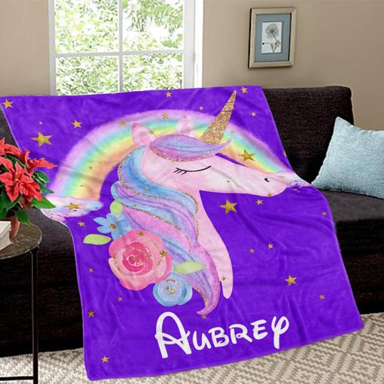 Custom Unicorn Sherpa Blanket with Name II, Personalized Baby Girl Blankets, Personalized Name Blankets