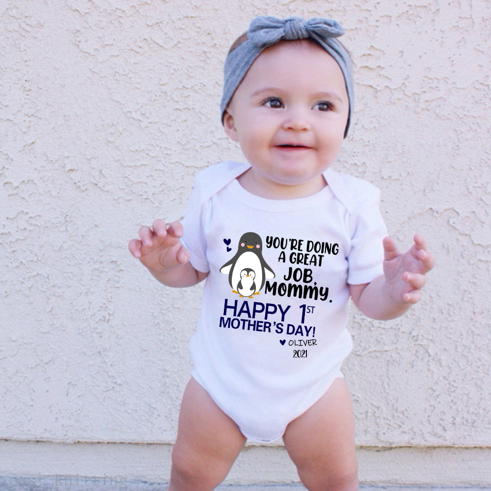 Custom Name Penguin Baby Onesie and Matching Mom Shirt - Perfect Mother's Day Gift