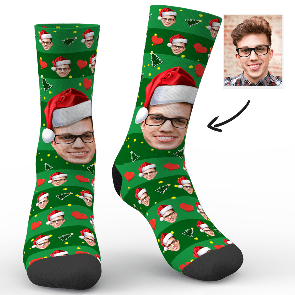 Christmas Gift Custom Face Socks With Heart And Christmas hat
