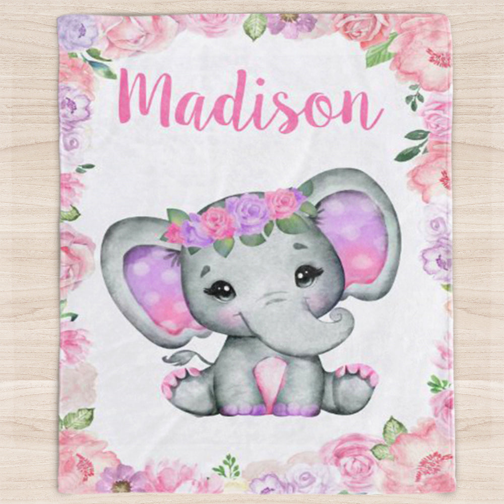 Custom Name Elephant Baby Girl Blanket