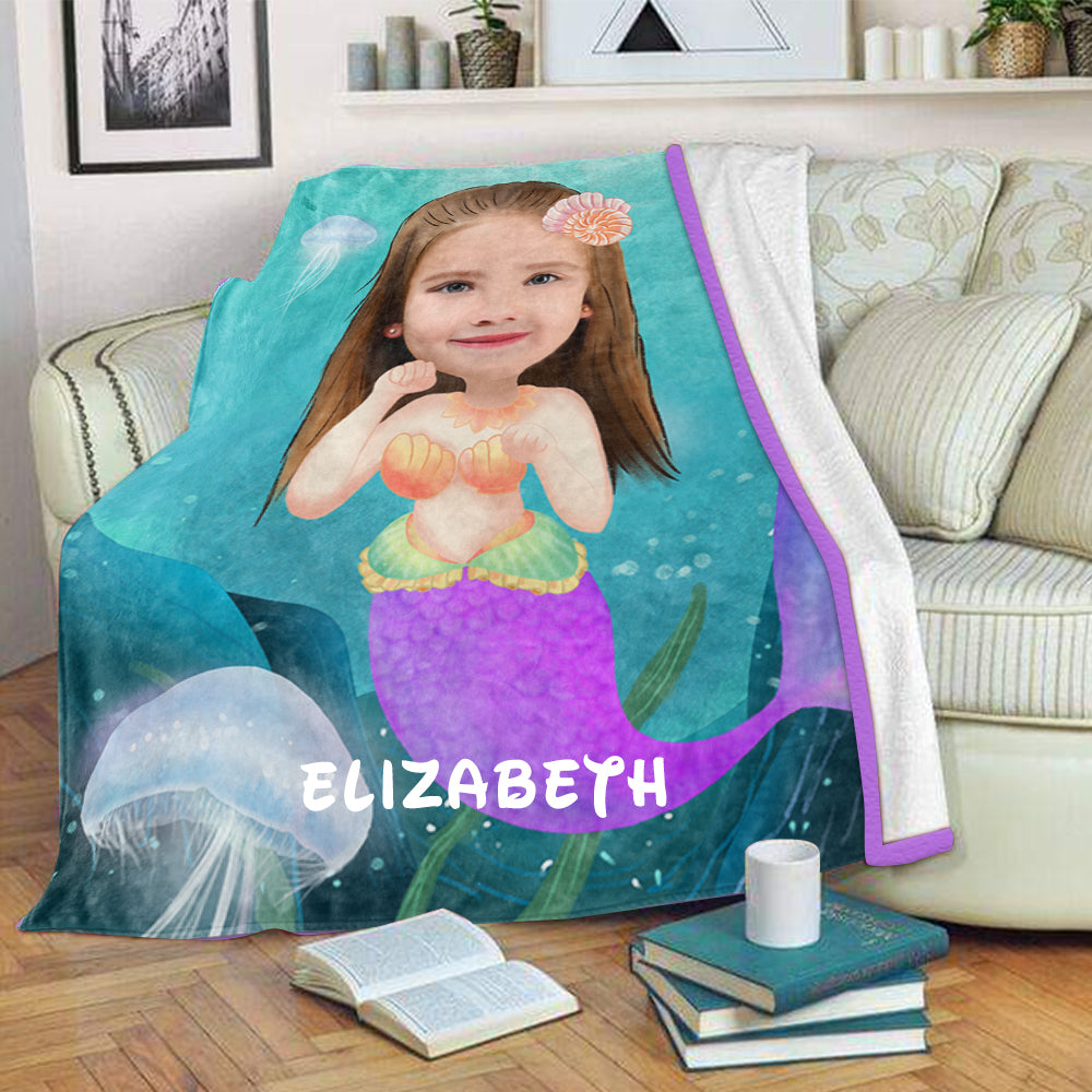 Personalized Mermaid Hand-Drawing Kid's Photo Portrait Fleece Blanket II