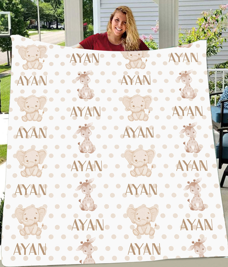 Personalized Name Elephant & Giraffe Fleece Blankets