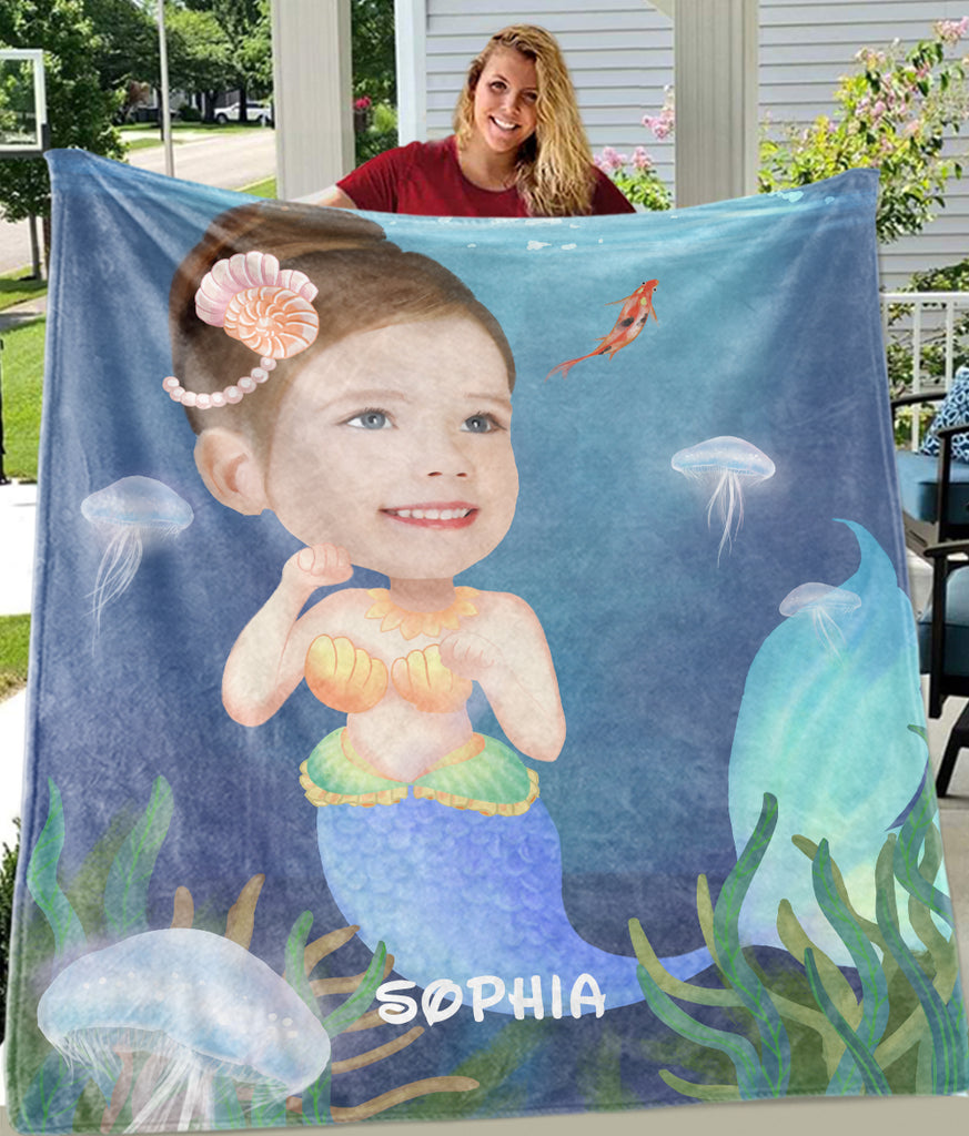 Personalized Mermaid Hand-Drawing Kid's Photo Portrait Fleece Blanket I
